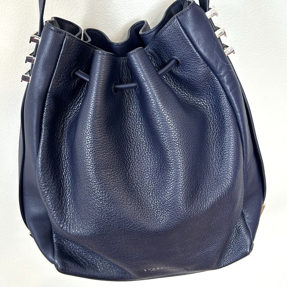 Luana Italy Leather Bucket Hobo Bag Navy Blue Leather Silver Tone Hardware New - Picture 2 of 13